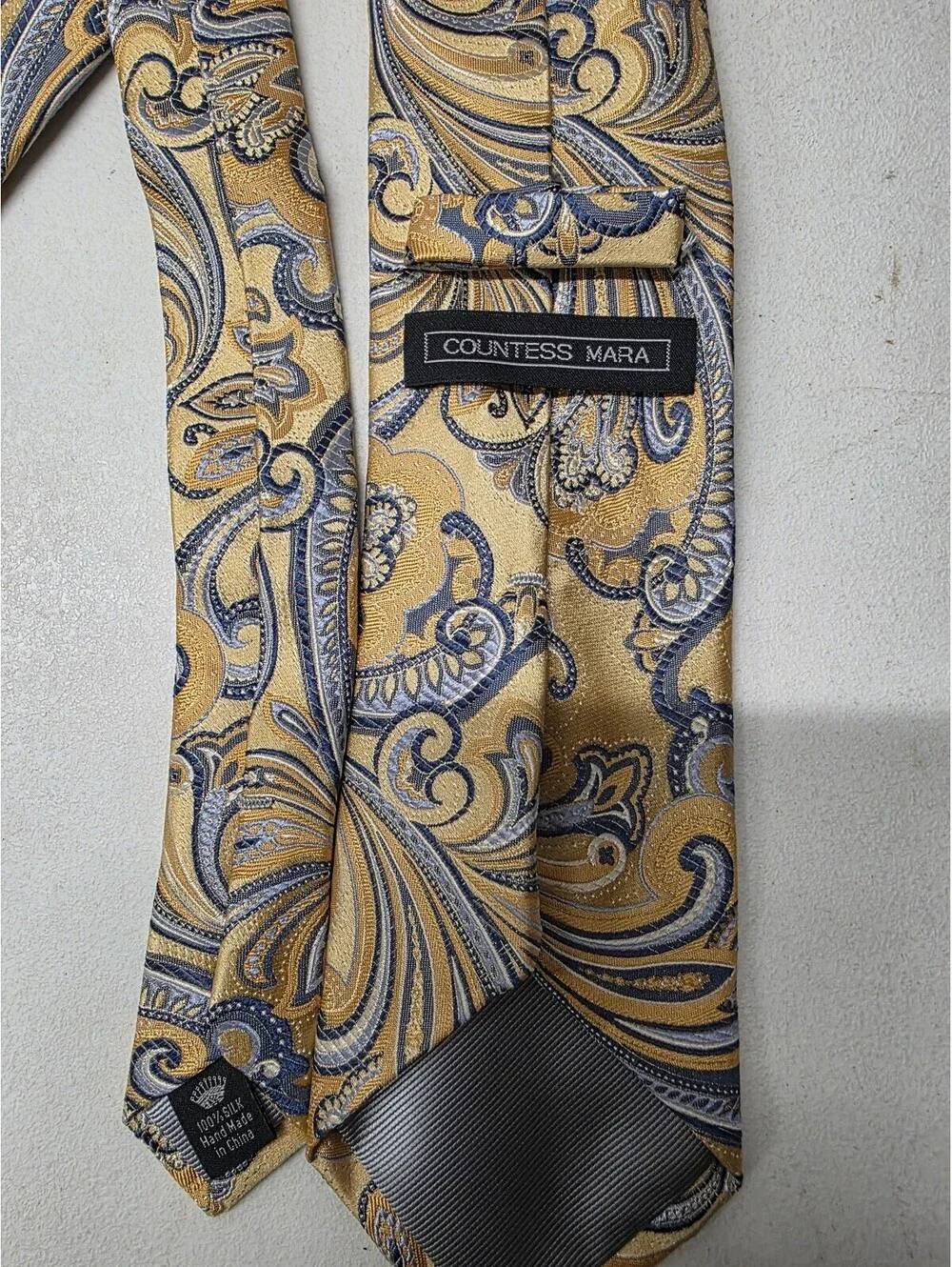 Countess Mara 100% Silk Paisley Tie Gold Blue Gray Jacquard Men's Neck Tie